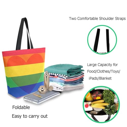 Trendy Extra Large Shoulder Grocery Tote Bag, Rainbow Pride Flag in Heart Canvas Daily Handle Bag for Gym Yoga Weekender Picnic Beach Travel Kitchen Reusable Market Shopping3