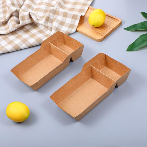 Limbeuuu 125 Pack Food Serving Tray, 2 Compartment Disposable Kraft Nacho Boat Tray, Grease Resistant Heavy Duty Paperboard, Take Out Fast Food Snack Holder Container for Party - Thumbnail 4