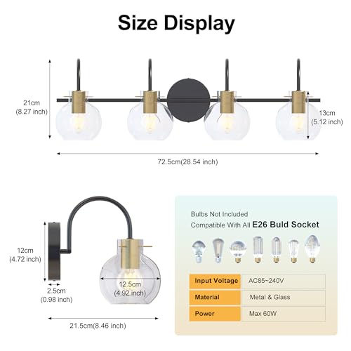 Image of 4 Light Bathroom Vanity Light, Black and Gold Light Fixtures, Sconces Wall Lighting with Glass Shade, Modern Brushed Vanity Lights for Bedroom, Hallway,Bathroom Lighting Fixtures Over Mirror