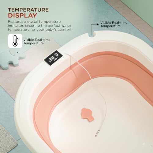 Image of Baybee Aquabee Baby Bath Tub Set for Kids | Portable Bathing Tub with Temperature Sensing | Foldable Bucket & Mug | Bath Seat Chair | Multi-Purpose Bathtub for Baby Bather for 0 to 5 Years (Pink)