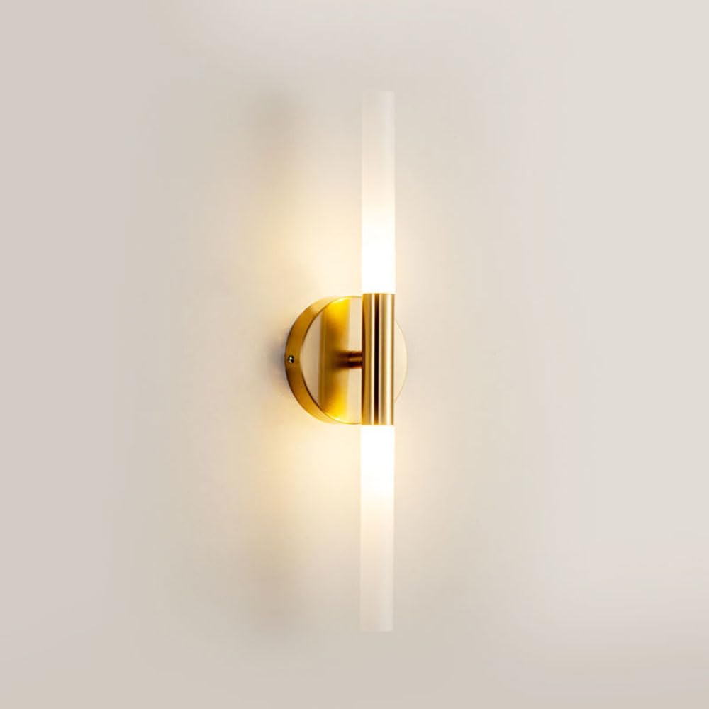 HPTHLY Gold Wall Sconce Led Long Tube Wall Wall Lamp Simple Linear Wall Light Fixture With Acrylic Shade,Brushed Brass Finish Base, Minimalist Bedroom Livin