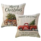 ULOVE LOVE YOURSELF 2Pack Merry Christmas Pillow Cover with Christmas Tree and Vintage Red Truck Pattern Cotton Linen Home Decorative Throw Cushion Case 18 x 18 inch (Christmas-1)