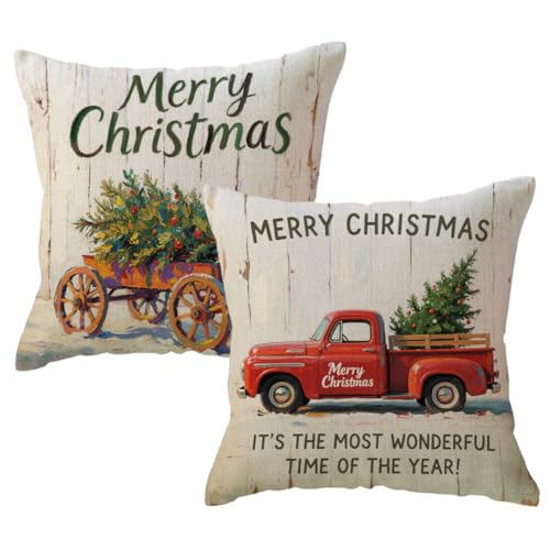 ULOVE LOVE YOURSELF 2Pack Merry Christmas Pillow Cover with Christmas Tree and Vintage Red Truck Pattern Cotton Linen Home Decorative Throw Cushion Case 18 x 18 inch