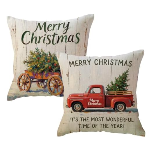 ULOVE LOVE YOURSELF 2Pack Merry Christmas Pillow Cover with Christmas Tree and Vintage Red Truck Pattern Cotton Linen Home Decorative Throw Cushion Case 18 x 18 inch (Christmas-1)