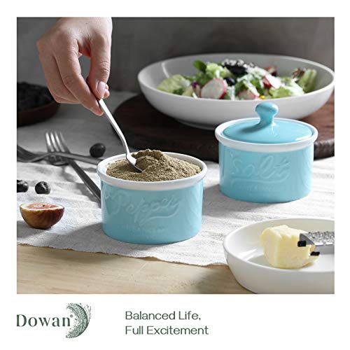 Dowan Farmhouse Salt And Pepper Bowls, 9 Oz Salt Pepper Cellar, Stacking Ceramic Salt Pepper Container With Lid, Farmhouse Kitchen Decor For Countertop, Set Of 2, Turquoise #TOP4