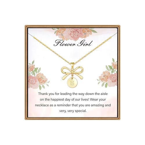 IEFLIFE Flower Girl Gifts - 14K Gold Plated Disc Initial Flower Girl Proposal Necklace Gifts for Girls from Bride, Bow Necklace Gift for Girls on Wedding Bridal Shower Party Jewelry