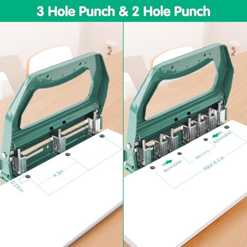 Image of AFMAT 3 Hole Punch Heavy Duty, 9 /32 inch Holes, 50-Sheet Hole Puncher 3 Ring, 50% Reduced Effort, Adjustable Two & Three Hole Punch, Metal Paper Puncher w /Large Chip Tray, Metal Paper Guide, Green, HP18