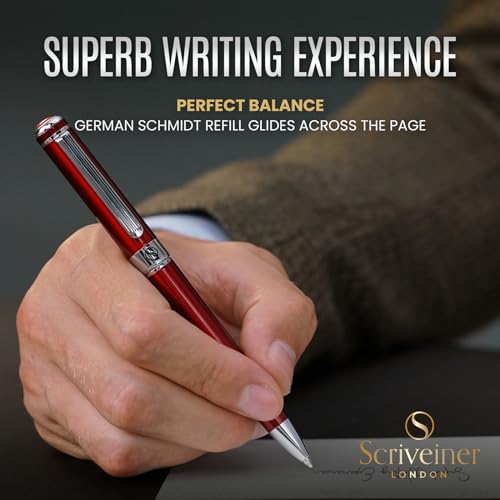 Image of Scriveiner Personalized Deep Crimson Red Ballpoint Pen - Stunning Red Lacquer Luxury Pen with Chrome Finish, Schmidt Ink Refill, Engraved Ball Point Gift Set for Men & Women, Custom Engraving