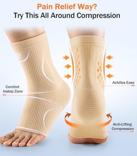 Image of Low-Profile Ankle Braces for Women & Men, Customizable Ankle Compression Sleeve w /Wide Strap, Foot Support Wrap for Plantar Fasciitis Pain Relief, Achilles Tendonitis, Sprain, Beige, 1 Pair, M
