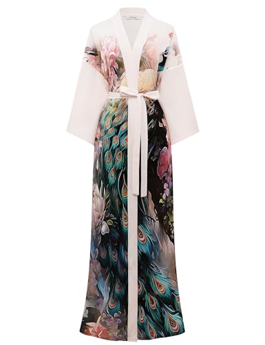 BABEYOND Morgenmantel Kimono Damen Lang - Chiffon Leicht Satin Halblangarm Lockerer Passform Bademantel