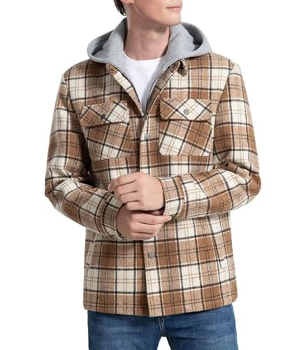 INVACHI Men's Flannel Jacket Hooded Thicken Warm Plaid Sherpa Lined Flannel Fleece Shirt Button Down Winter Coats 7