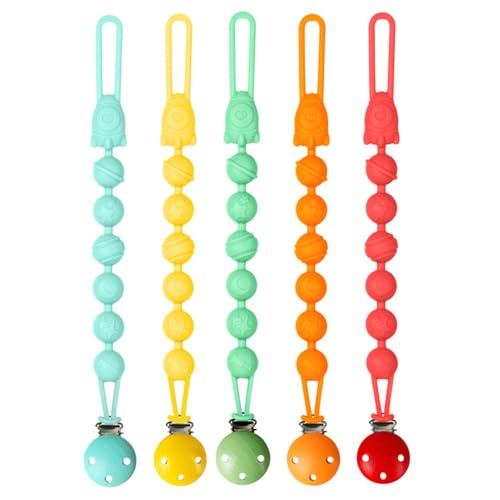 Leiouna Silicone Pacifier Clips Baby, 5 Pack Soft Flexible Binky Pacifier Clip Holder with One Piece Beads Design for Boys and Girls, Birthday Gift Fits All Soother and Toys (Green)