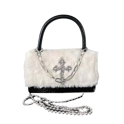 Y2K Gothic Punk Handbag Indie Cross Studded Shoulder bag for Egirl Woman Kawaii Purse Cool Girl Crossbody Fluffy Bag