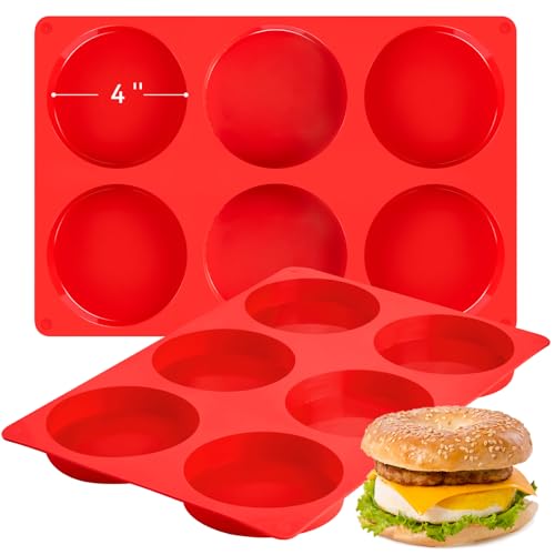 Puyeipt 4 Inch Silicone Egg Molds for Breakfast Sandwiches, 2 Pack Jumbo Muffin Top Pans Non-Stick Round Silicone Molds for Baking Egg Bites, Hamburger Buns, Patties, English Muffins
