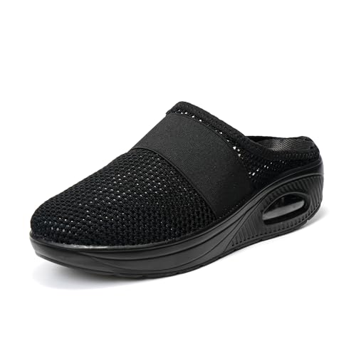 JOMIX Sabots Femme Respirant en Maille Talon Compensé Tongs Femmes Orthopédiques Chaussures de Jardin Confortable (Noir, 38)