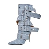 onlymakerheels Multi Buckle Strap Mid Calf Boots Pointed Toe Belts Stiletto Heeled Boots Blue Size15
