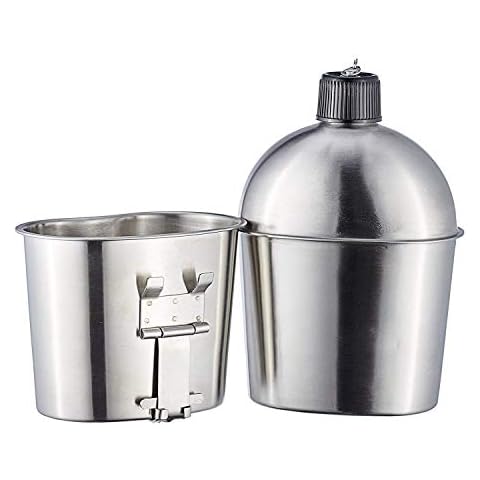 DARTMOOR G.I. Army Stainless Steel Canteen Military with Cup and Green Nylon Cover Waist Belt for Camping Hiking Climbing (Cup with Foldable Grab Handle) Cover