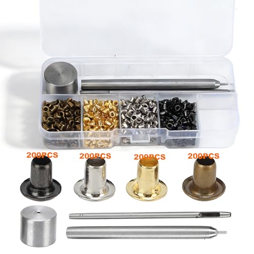 800 Stück Messing Metallösen Grommet Kit, 2mm Kleine Ösenbefestigungswerkzeug, Vier Farben Nähzubehör Ösen Set mit Kunststoff Aufbewahrungsbox, Ösen 2mm für Schuhen, Taschen, Leder Handwerk