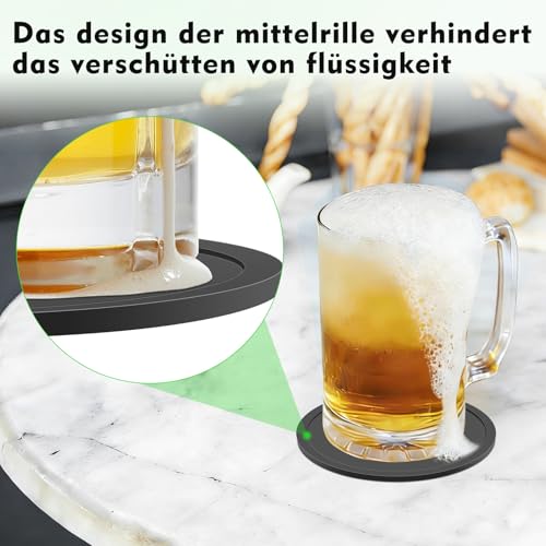 Pesutei 12 Stück Untersetzer Gläser, 10CM Silikon Untersetzer, Schwarz Untersetzer Silikon mit Edelstahlständer, rutschfest und Isoliert Untersetzer für Getränke, Kaffee, Weingläser