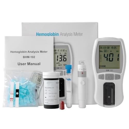 BHM-102 Hemoglobin AnalyzerHandheld Finger Prick Blood Collection Device Suitable Personal and Home Use. It is Easy to Use Provides Quick Results Comes with 25 Test Strips Lancet Dropper.