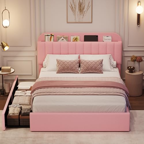 GarveeHome Queen Bed Frame with Storage Headboard, Girls Bed Frame with 2 Drawers, Boucle Upholstered Platform Bed with Bookcase, No Box Spring Needed, Easy Assembly, Pink
