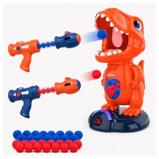 Movable Dinosaur Shooting Toys for Kids Target Shooting Games with 2 Air Pump Gun, Party Toys with Score Record, LED & Sound, 48 Foam Balls Electronic Target Practice Toys Gift for Boys and Girls