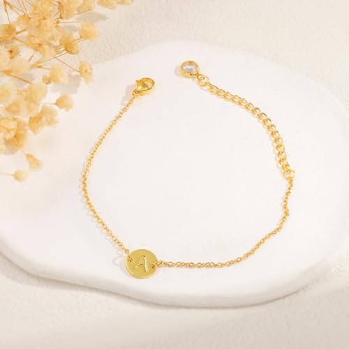 BAYLAY Gold Initial Bracelets for Women Girls Gifts - 18K Gold Plated Letter Initial Bracelet Dainty Disc Monogram Bracelet Gold Bracelets for Women Gold Jewelry Gifts for Women Teen Girls 5