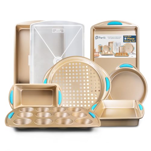 Perlli-Baking-Pan-8-Piece-Set-Nonstick-Gold-Carbon-Steel-Oven-Bakeware-Kitchen-Set-with-Silicone-Handles-Cookie-Sheet-Roasting-Pan-Lid-Square-Pan-Pie-Pan-Loaf-Pan-Pizza-Crisper-Muffin-Pan Perlli Baking Pan 8 Piece Set Nonstick Gold Carbon Steel Oven Bakeware Kitchen Set with Silicone Handles Cookie Sheet Roasting Pan Lid Square Pan Pie Pan Loaf Pan Pizza Crisper Muffin Pan