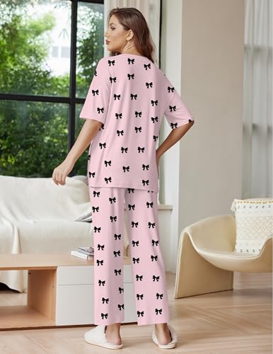 Image of Ekouaer Lounge Sets for Women Short Sleeve Tops and Long Pants Soft Comfy Pajamas Set 2 Piece Outfits