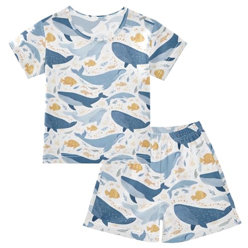 Blue Killer Whale Pattern Summer Cute Pajama Sets, Short Sets for Daily Wears and Sleep Wears