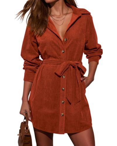 R.Vivimos Herbst Winter Damen Langarm Cordkleid V-Ausschnitt Knopf Hemd Minikleid Kleid mit Taschen(S,Rostbraun)