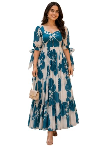 Image of Modestouze Attires Women's Floral Pattern Rayon Blend Maxi Dress with Sweetheart Neck Half Puff Sleeve Floor Length and Zipper Closure Type | Maxi Dress for Women Stylish | Dress for Women
