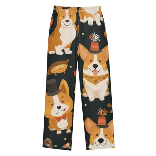 Corgi Dog Autumn Pumpkin Boys Long Pants Soft Trousers Elastic Waist Kids Lounge Bottoms with Pockets S-XL