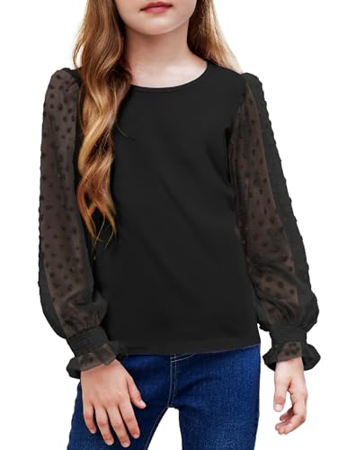 Image of Arshiner Girls Long Sleeve Shirt with Ruffle Cuffs Polka Swiss Dots Kids Girls Pullover Shirts Cute Crewneck Girls Top