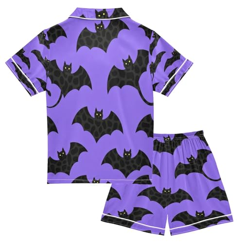 Satin Pajama Sets Short Sleeve Black Bats on Purple Background Button Down Silky Nightwear 2 Piece PJS 5-14Y2