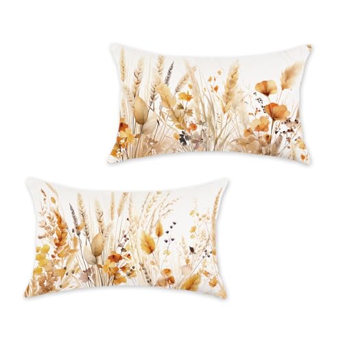 HOMFREEST Fall Lumbar Pillow Covers 12x20 Set of 2 Wheat Ginkgo Leaves Harvest Decorations Autumn Thanksgiving Cushion Cases for Sofa Couch Home