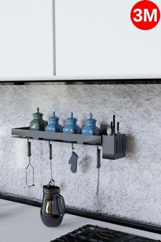 Risingmaber Yapışkanlı Siyah Mutfak Düzenleyici Banyo Düzenleyici ve Askı Kancalı Banyo Rafı 3M Yapışkanlı Tasarım MT87S - Görsel 2