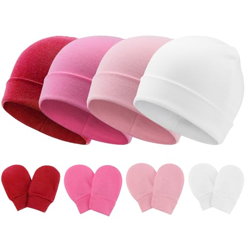 Image of AQOKKA Baby Hats and Mittens Set Infant Toddler Cotton Beanie Cap Gloves No Scratch Newborn Hospital Hats