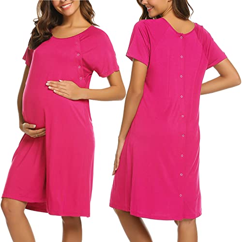 Image of Ekouaer Women’s Nursing/Delivery/Labor/Hospital Nightdress Short Sleeve Maternity Nightgown with Button S-XXL