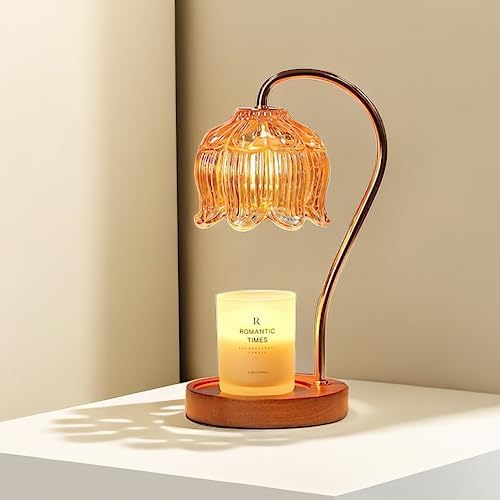ENFLOKT Candle Warmer Lamp with Timer, Retro Glass Flower Candle Lamp Warmer with Dimmer, Top Down Electric Candle Warmer with Wood Base Fits Jar Candles, Ideal Vintage Home Decor,2 Bulb Included