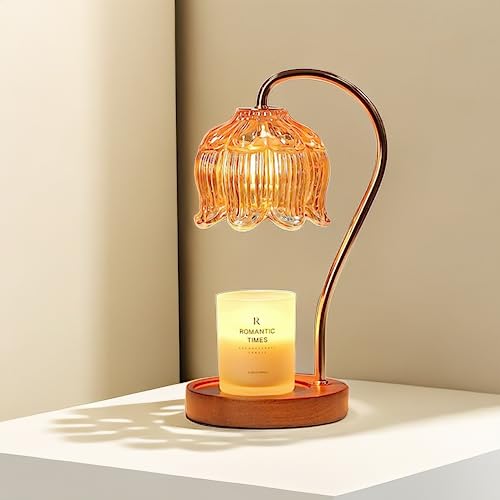 ENFLOKT Candle Warmer Lamp with Timer, Retro Flower Candle Lamp Warmer with Dimmer, Top Down Electric Candle Warmer Fits Jar Candles, Ideal Vintage Home Decor with Wood Base,2 Bulb Included