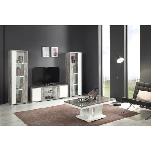AltoBuy Denys - Ensemble Salon Laqué Blanc et Effet Bois Taupe