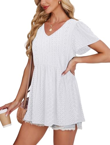 Image of OFEEFAN Womens Summer Tops Babydoll Short Sleeve Shirts Puff Sleeve Peplum Tops V Neck T Shirts