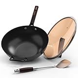 SUMEIGUAN 13.5' Carbon Steel Wok Pan - Pre-Seasoned Flat Bottom Woks & Stir-fry Pans Chinese Cookware with Lid & Spatula - For Pan-fry,Stir Fry, Steam, BBQ & Camping - Compatible with Induction, Gas