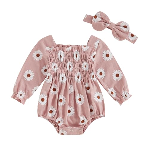 Ursobutegl Newborn Baby Girls Daisy Romper Long Sleeve Pleated Smocked Bubble Ruched Jumpsuit Bodysuit Fall Winter Clothes (Pink, 0-3 Months)