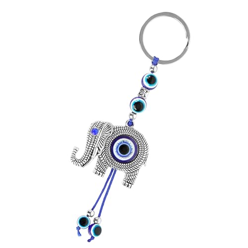 Image of Storite Evil Eye with Feather Keychain, Elephant Style, Blue Silver