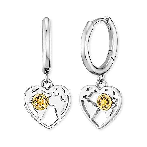 Engelsrufer Damen Creole Aloha aus Sterling Silber mit Herzanhänger Weltkarte und Windrose Bicolor - Clipverschluss - nickelfrei - Größe: 14mm