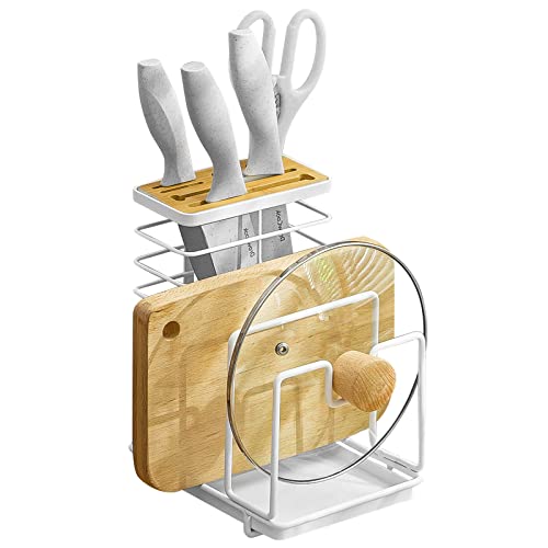 Poeland Cutting Boards Knife Organizer, 3 In 1 Kitchen Organizer Rack, Kitchen Utensils Rack Chopping Boards/Knives/Pot Pan Lid Storage With Drip Tray, White #TOP7