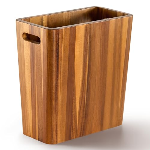BLUEWEST 2.6 Gallon Acacia Wooden Bathroom Trash Can with Lid & PP Liner, Small Wastebasket with Handle, Decorative Wood Bin for Bedroom, Office or Under Counter Use