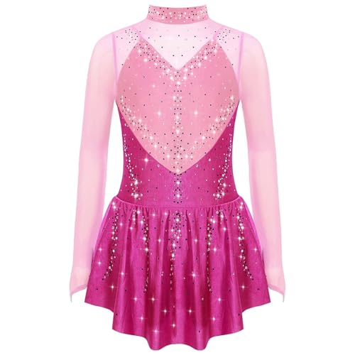 ranrann Enfant Fille Robe Patinage Artistique Manches Longues Strass Brillant Justaucorps Gymnastique Bodysuit Sport Costume Spectacle 5-16 Ans C Rose Vif 7-8 Ans